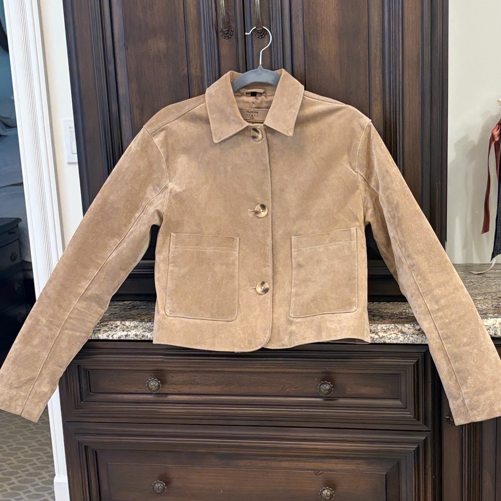 BLANK NYC Cropped Suede Button-Front Jacket in Tan